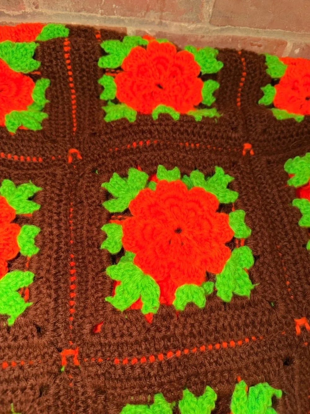 Vintage Handmade Crochet Granny Square Blanket with Orange Flowers